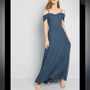 ModCloth Chiffon maxi dress bridesmaid blue off the shoulder long  2